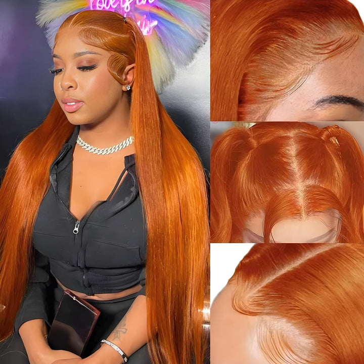 Close-up views of ginger orange straight wig showing pre-plucked hairline, natural lace, and top part versatility