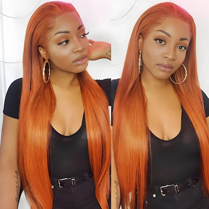 Natural look of EuxmeHair ginger orange wig styled center-part with sleek straight texture