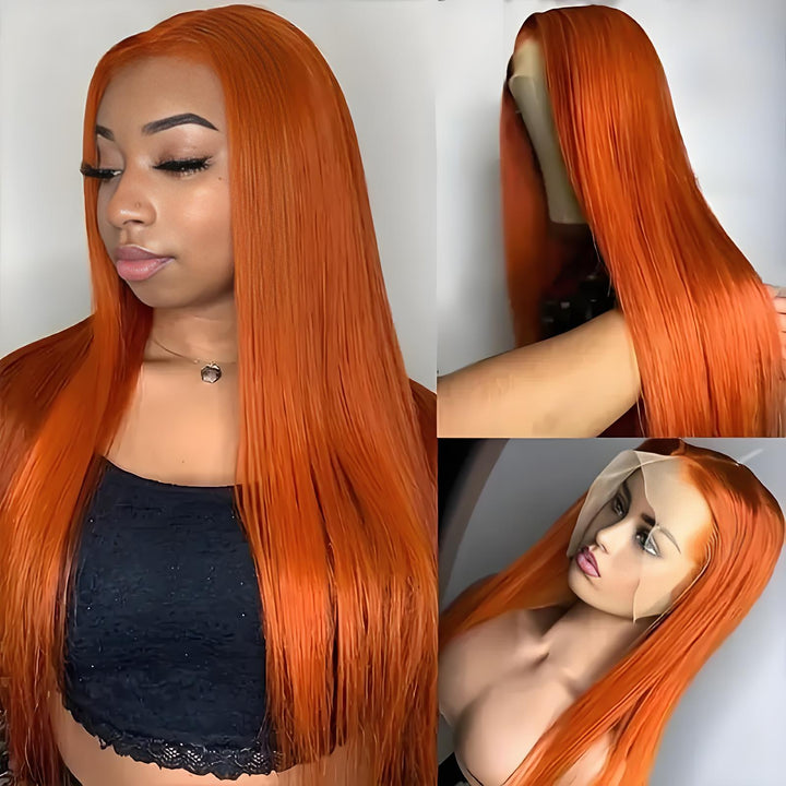 Ginger orange lace wig with silky straight finish and natural shine shown on model and mannequin