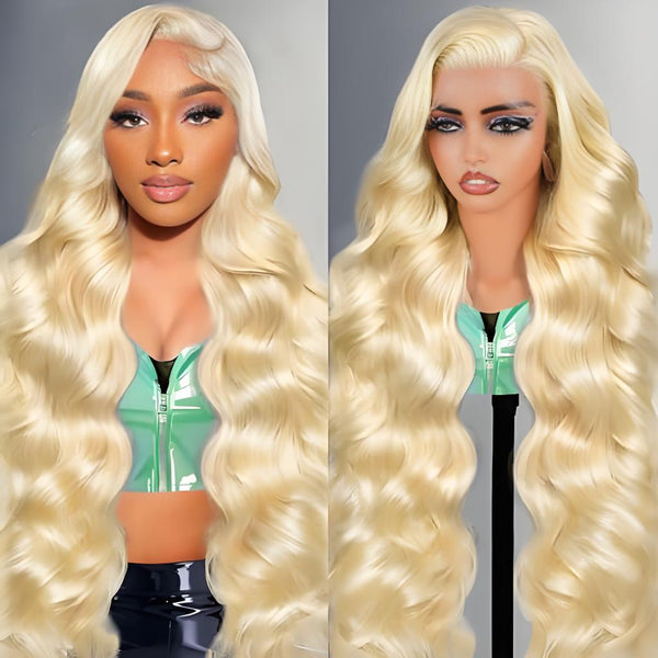Comparison of mannequin and real model wearing 613 blonde wig showing hairline, fullness, and waves.