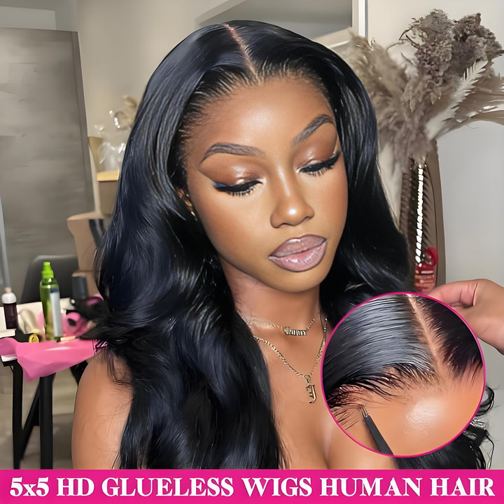 Closeup of HD 5x5 glueless wig hairline and lace by EuxmeHair, natural body wave texture