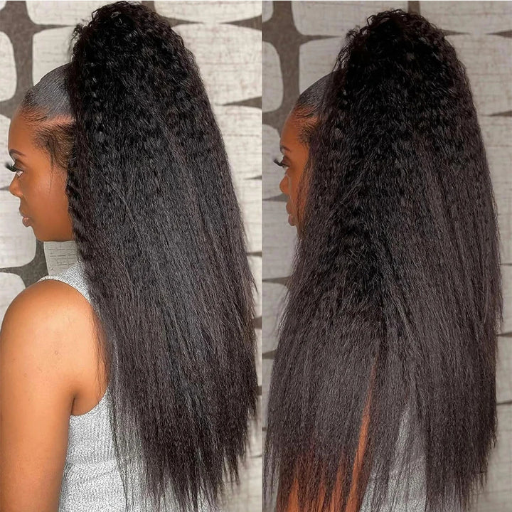 Back view of high ponytail hairstyle on kinky straight wig, showing full density and textured finish.