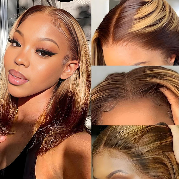 Close-up of wig being combed to show the natural transition of honey blonde highlights over brown base.