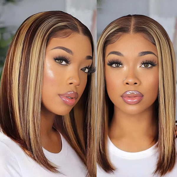 Model with center-part bob wig featuring HD lace, pre-plucked hairline, and mixed brown-blonde highlights.