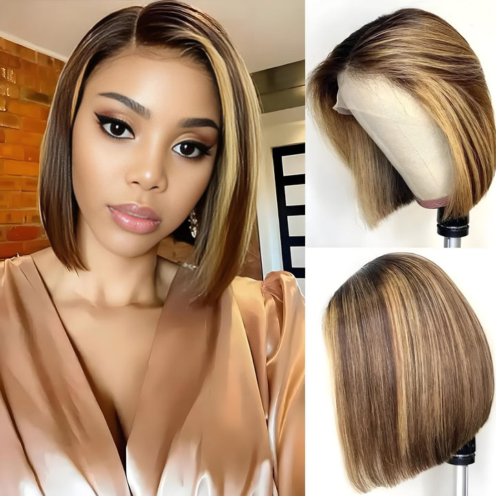 Model wearing a chestnut brown bob wig with face-framing honey blonde highlights and deep side part.