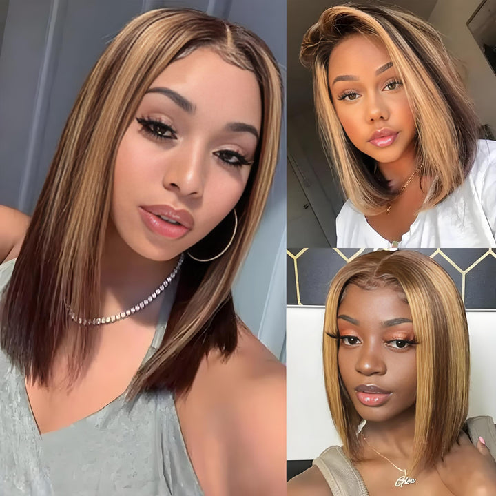 Collage of models wearing highlight bob wigs in different settings, showing versatility and face-framing tones.