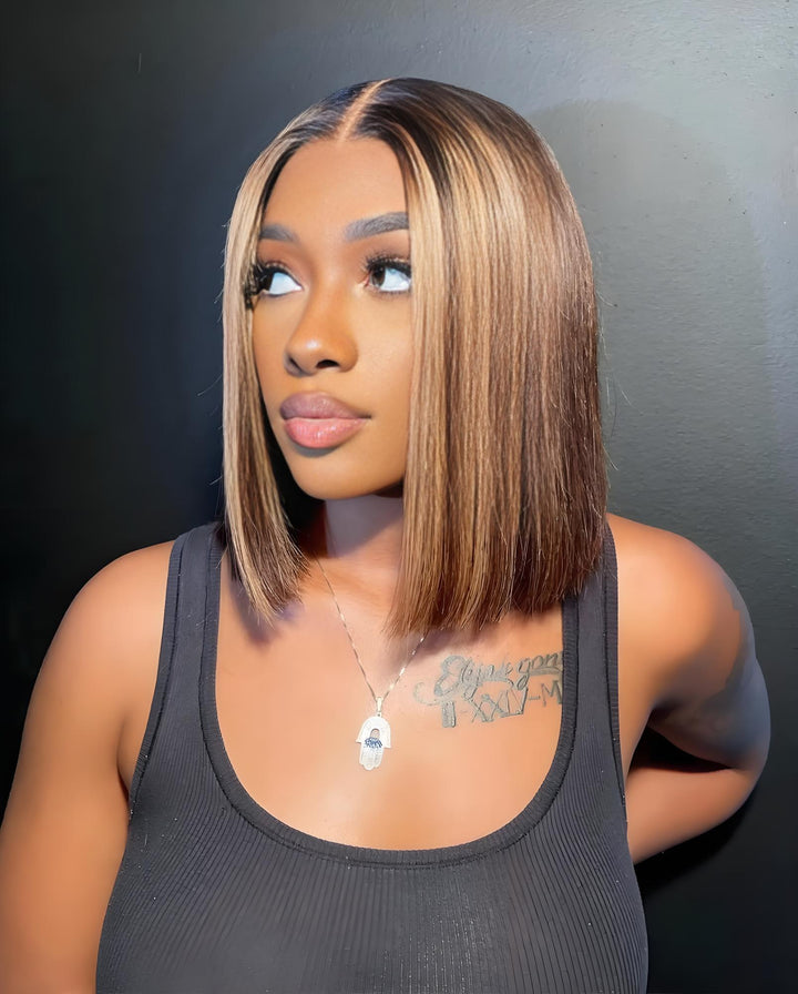 Bob wig worn in natural daylight, showcasing realistic brown and golden blonde streaks.