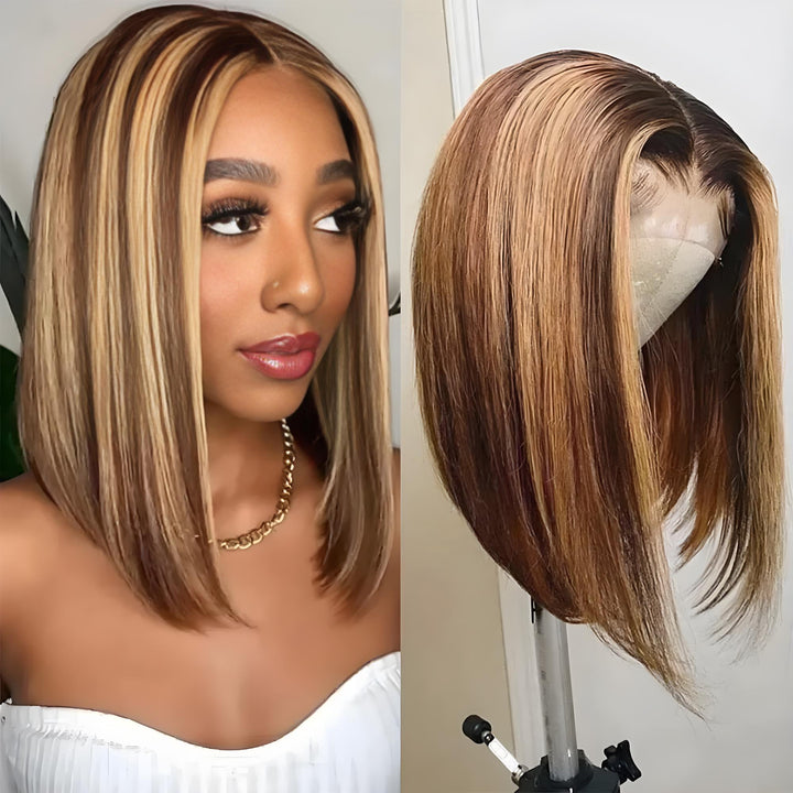 Side view of straight bob wig on mannequin head, featuring a warm brown base with bold blonde streaks.