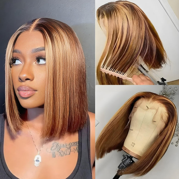 13x4 highlight bob wig on mannequin stand showing side and back view with smooth ombre color blend.