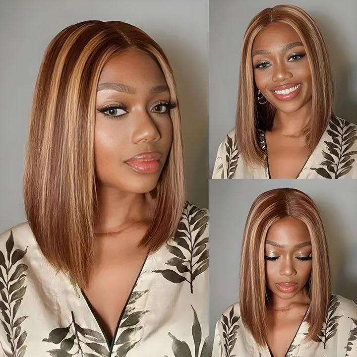 Soft chocolate brown and blonde highlighted bob wig styled with gentle waves and HD lace frontal.
