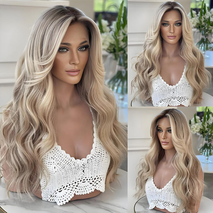 Soft body wave wig in blonde brown tones styled on mannequin with middle part and volume.
