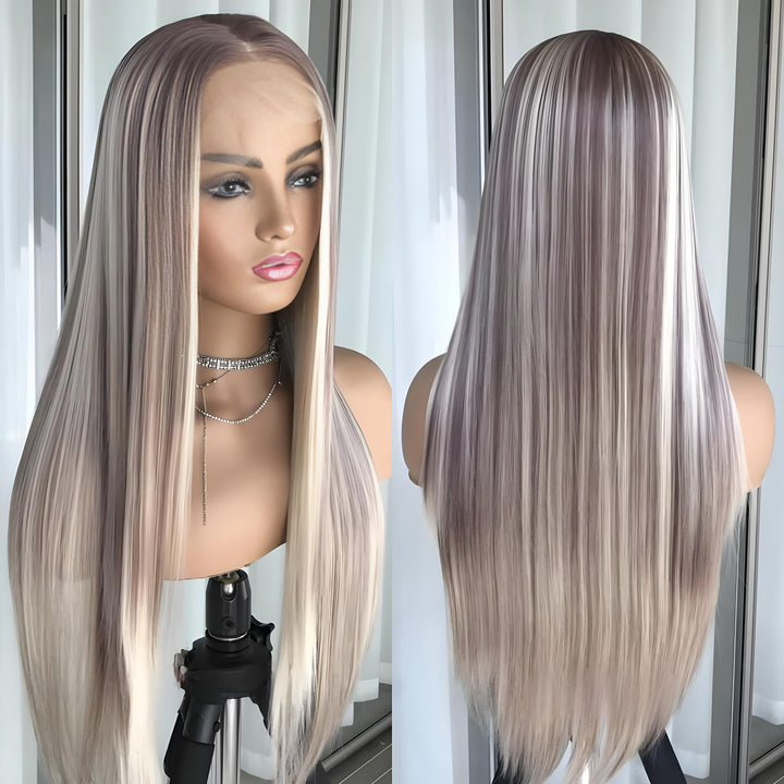 Mannequin display of straight highlight brown wig with front and back views showing natural color blend.