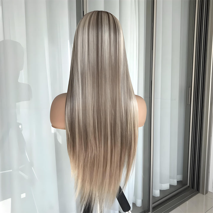 Back view of straight highlight brown wig showing natural gradient from brown to blonde tones.