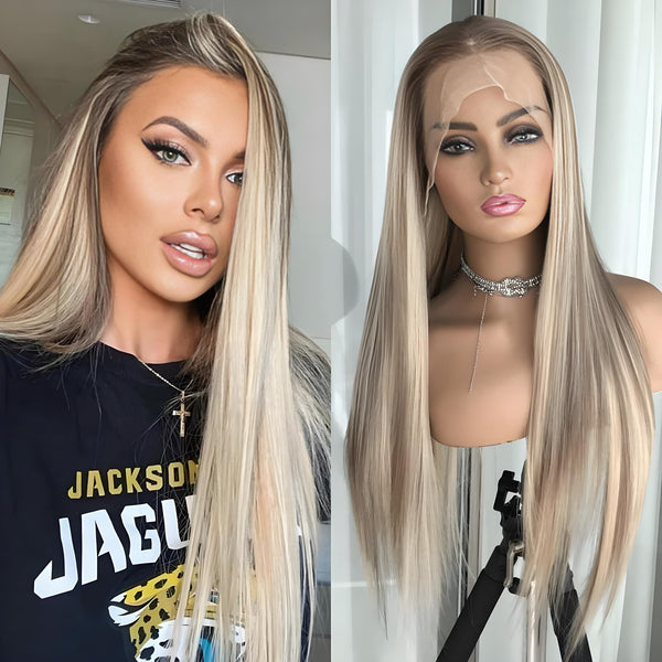 Highlight brown lace frontal wig shown on mannequin and worn by model, featuring sleek straight texture.