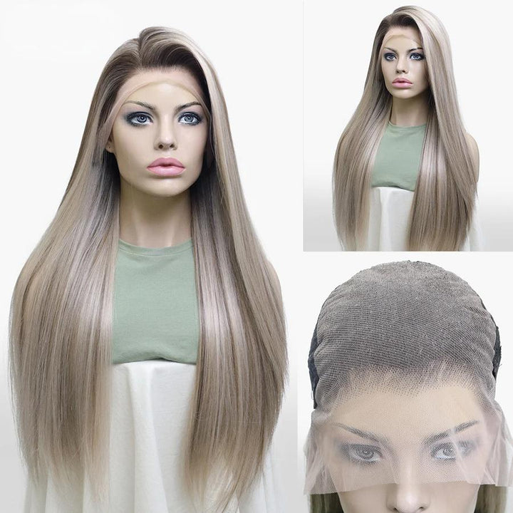 Straight highlight brown wig on mannequin with lace frontal close-up and inner cap view.