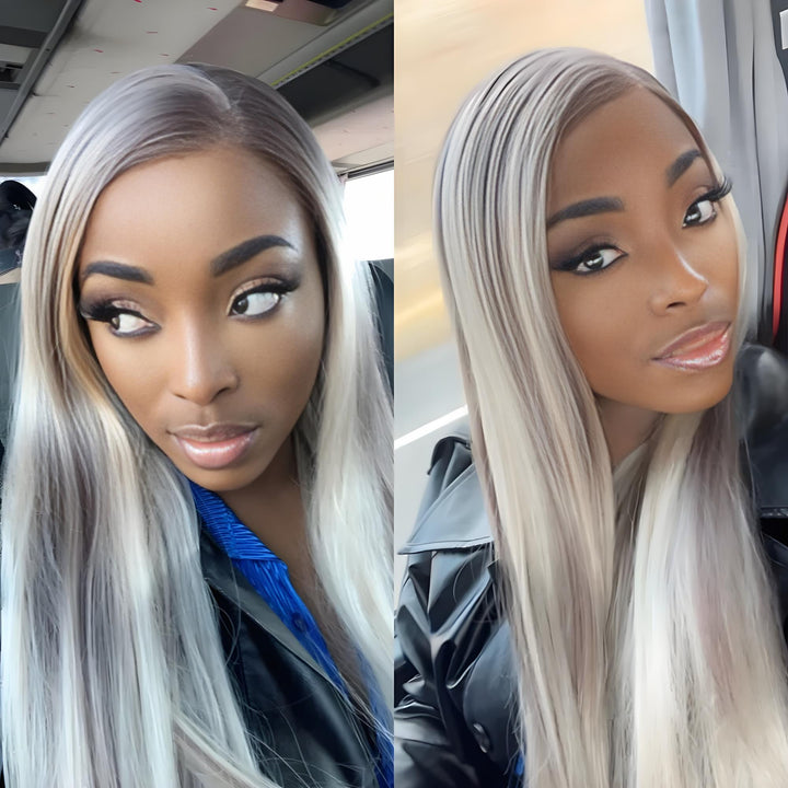 Model wearing long straight highlight brown wig with soft light blonde blend and middle part.