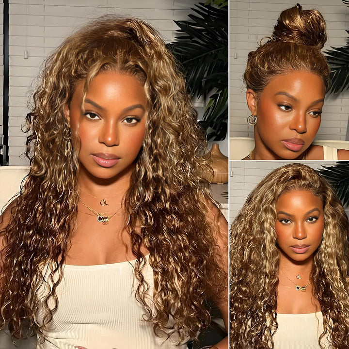 Long curly lace wig in honey blonde with highlights, shown with full down style, half up bun, and natural baby hairline.