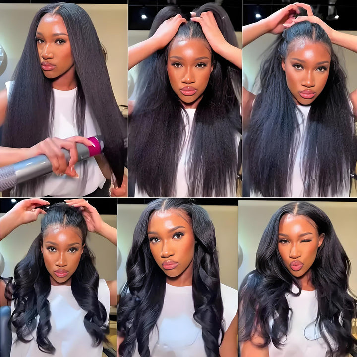 Kinky straight lace wig demonstrated with various hairstyles including flat-ironed, ponytails, and loose curls.