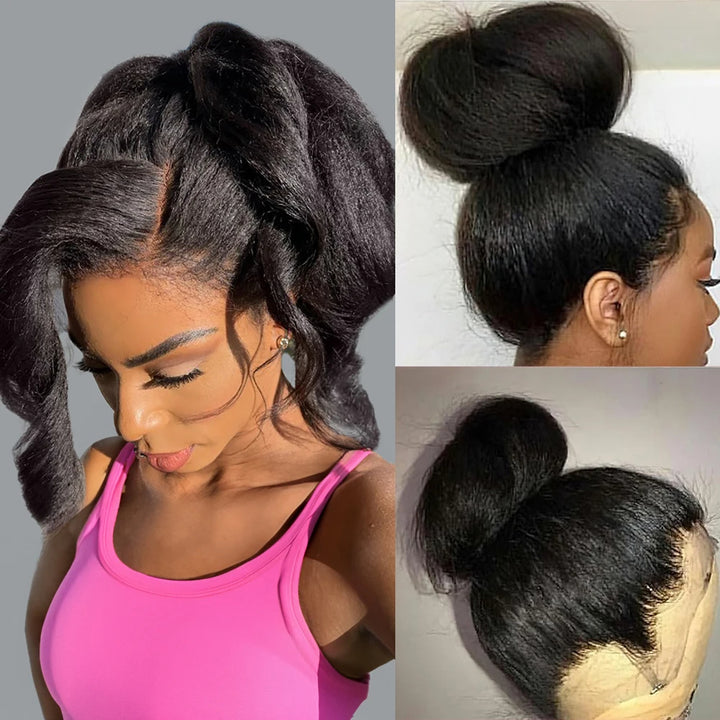 Kinky straight lace wig styled with swoop bangs and top bun, highlighting pre-plucked hairline and natural volume.