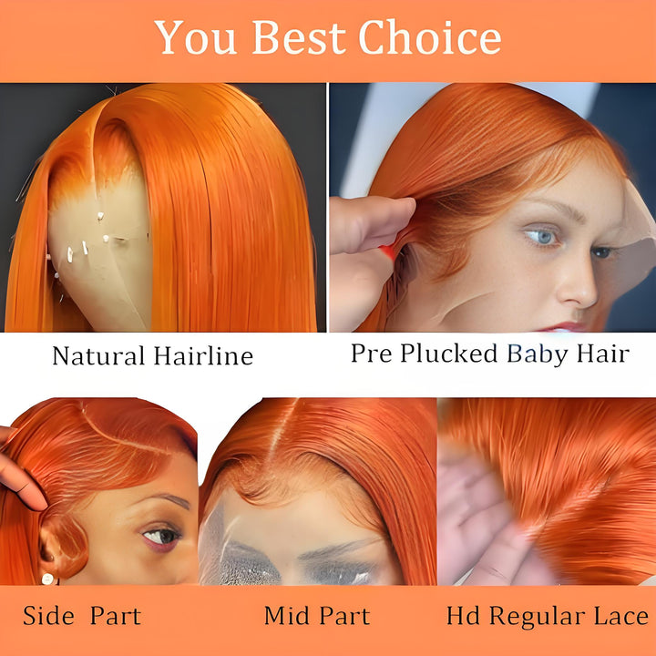 Hairline and parting options of EuxmeHair orange wig including side part, middle part, HD lace close-up