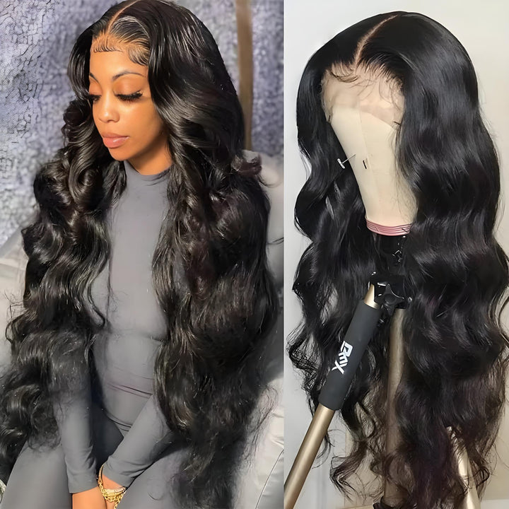 Model wearing long EuxmeHair body wave wig with lace part, shown alongside styled wig on mannequin