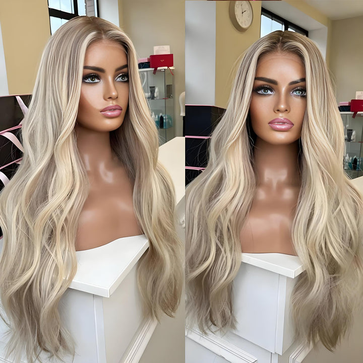 360 lace front wig with long body waves and blonde ombre highlights, shown in two angles.