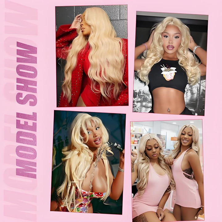 Collage of models showcasing 613 blonde body wave wig in fashion and lifestyle settings with confident looks.