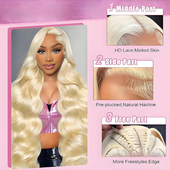 Display of parting flexibility with different dyed and styled versions of the 613 blonde body wave wig.