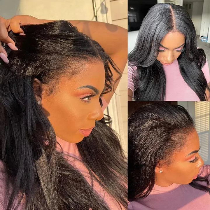 Close-up of natural hairline on kinky straight lace wig in natural sunlight, showing realistic edges and parting.