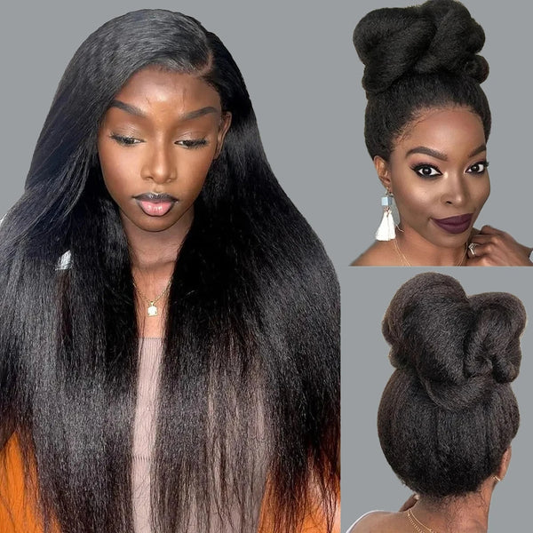 Kinky straight wig styled in top bun and natural parting, showcasing realistic hairline and texture.