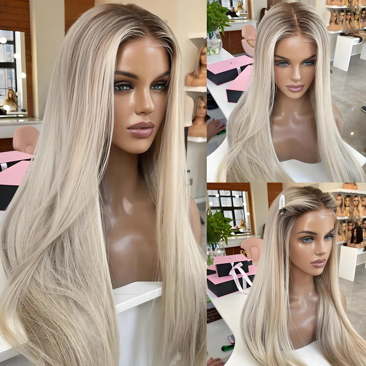 Composite layout of mannequin in ash blonde platinum-highlighted wig, showing lace front detail and hair flow from multiple angles.