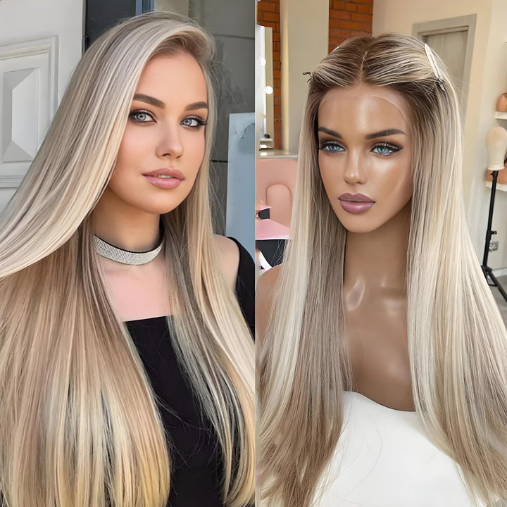 Platinum blonde lace wig styled with side part and soft waves, worn by model and mannequin in different lighting setups.