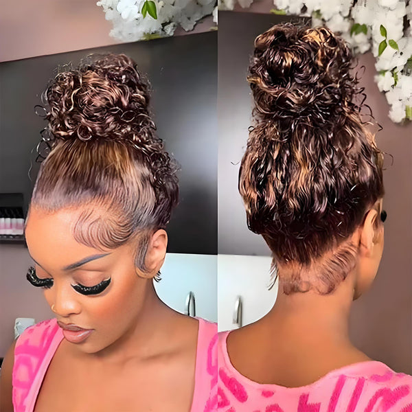 Wet look curly wig with top bun style, featuring swoop baby hairs, sideburns, and a clean natural hairline.