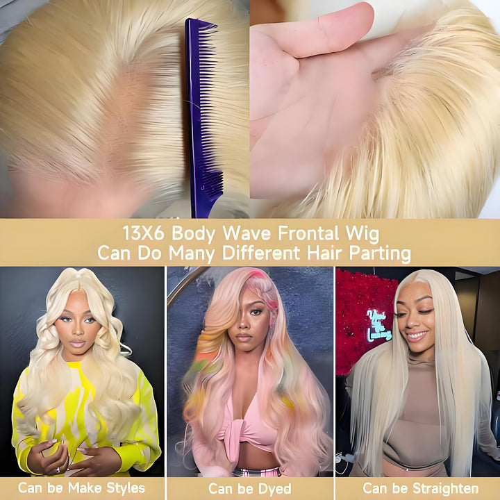 Infographic of different parting styles: middle, side, and free part with HD lace and natural hairline.